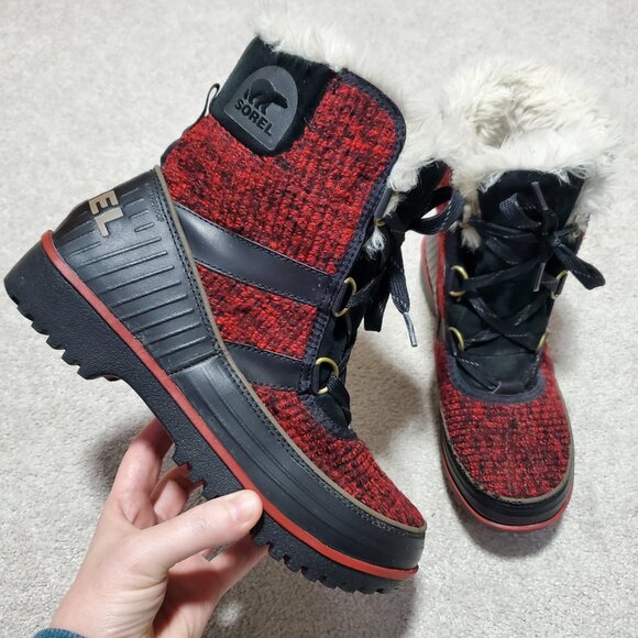 SOREL Tivoli 2 II Ribbed Knit Waterproof Snow Winter Boots Black Red Women's 7.5 - Picture 1 of 13